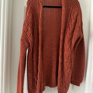 Pink Rose Open Cable-Knit Cardigan in Rust Orange